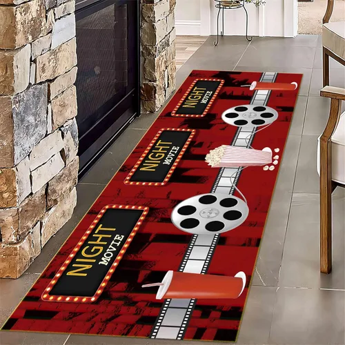 Vista 7 de Alfombra retro de cine en casa, 1.3 x 7 pies, patrón clásico de tablilla negra y carrete de película, alfombra decorativa antideslizante para sala