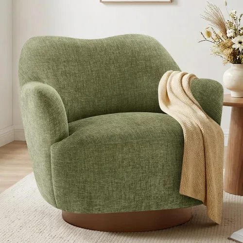 Vista 16 de Silla giratoria decorativa, silla tapizada de barril con diseño de respaldo de camello curvas, moderna silla con brazo con base de madera para sala