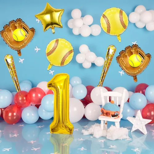 Vista 6 de 9 globos de sóftbol, globos de sóftbol de cumpleaños con número de mylar de aluminio para sóftbol, suministros de fiesta de cumpleaños, decoraciones