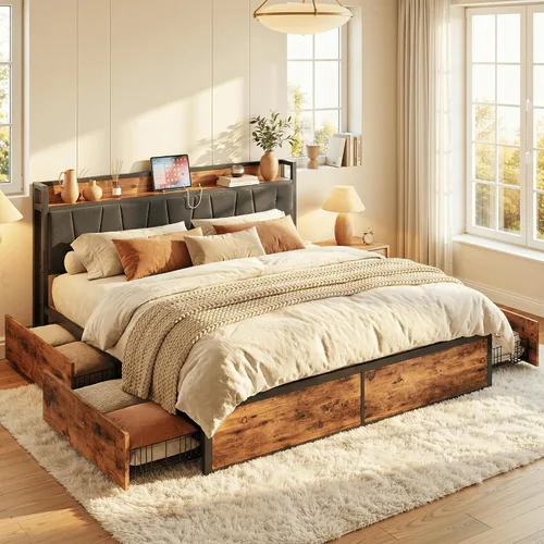 Vista 12 de LIKIMIO - Armazón de cama tamaño King con 4 cajones de almacenamiento, cama de plataforma con cabecera tapizada, resistente y estable, sin ruido,