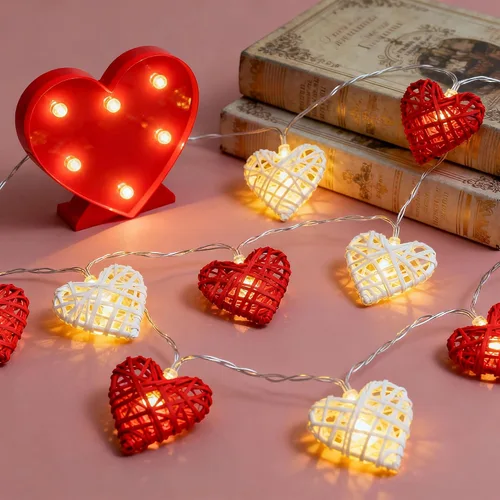 Vista 5 de Happy Trees Guirnalda de luces de San Valentín, 10 pies, 20 luces LED en forma de corazón en cadena, luces románticas de hadas con batería