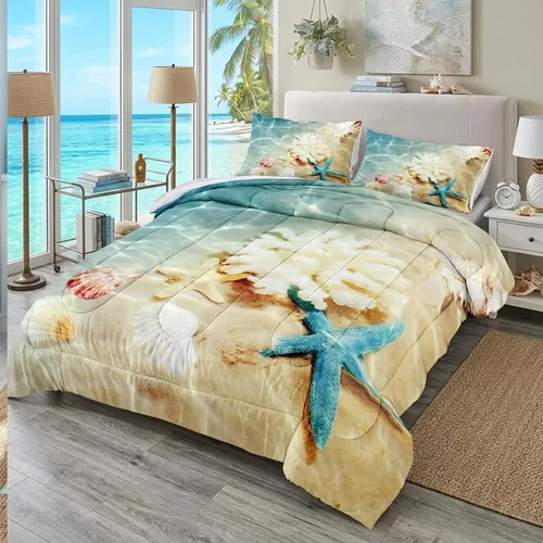 Vista 16 de Bedbay Juego de edredón con temática de playa, juego de edredón costero tamaño Queen, vida marina, turquesa, estrellas de mar, juego de edredón