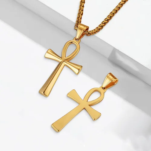Vista 3 de Collar con colgante de cruz de Ankh copta egipcia antigua de acero inoxidable para niños, mujeres y hombres, en cadena Rolo de 24 pulgadas