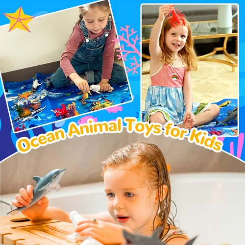 Vista 2 de GINMIC Juguetes de animales del océano para niños con alfombra de juego grande, paquete de 18 juguetes de animales marinos realistas surtidos