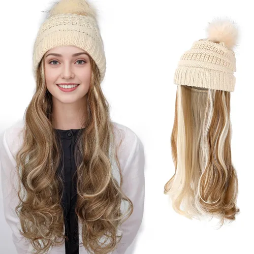 Vista 30 de AynnQueen - Gorro de invierno con extensiones de cabello desmontables para mujer.