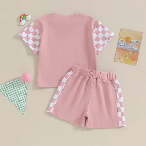 Vista 4 de FOCUSNORM Conjunto de camiseta de manga corta para niña pequeña, camiseta de manga corta, pantalones cortos de ajedrez, ropa de verano para niña