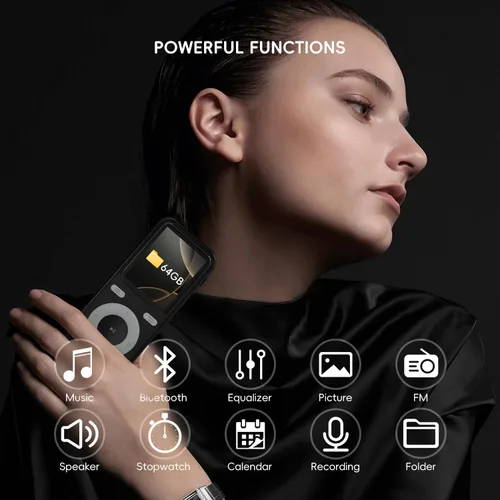 Vista 2 de Reproductor MP3 de 64GB con Bluetooth, Reproductor MP3 Portátil HiFi de Sonido Sin Pérdidas con Bluetooth con Altavoz, Grabadora de Voz