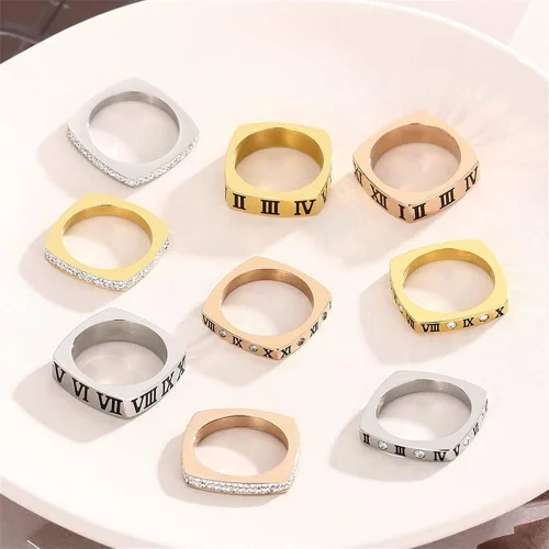Vista 5 de Elefezar Anillo cuadrado de acero inoxidable chapado en oro de 18 quilates anillo de promesa apilable regalo para ella