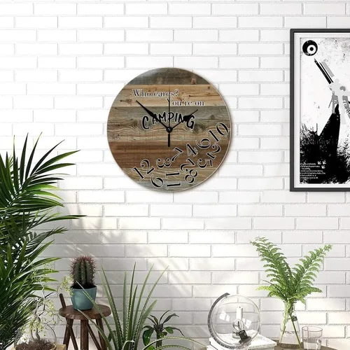 Vista 5 de Reloj de pared de madera de 12 pulgadas con texto en inglés "Who Cares You're on Camping Silent Silent Silent Quiet Wall Clock Retro Old Fashioned