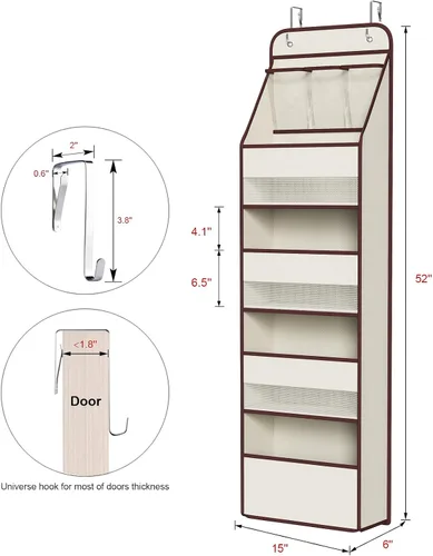 Vista 3 de Univivi Organizador para colgar sobre la puerta con 5 estantes de tela, organizador de almacenamiento para puerta con 4 bolsillos grandes y 3