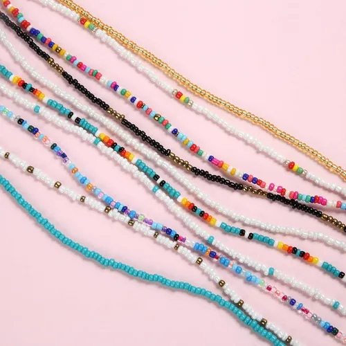 Vista 6 de SCIONE Collar de cuentas, 10 piezas, collar de cuentas de semillas pequeñas, bohemio, hawaiano, blanco, arcoíris, ajustable, coloridos collares