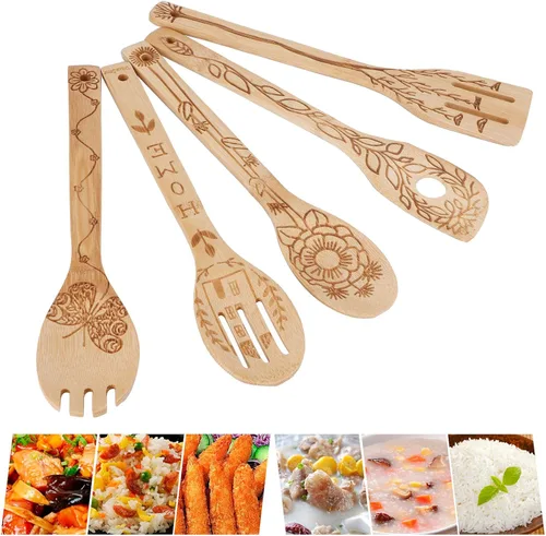 Vista 3 de Juego de 5 cucharas para tallar, cucharas de madera quemadas, cucharas de madera, kit de utensilios de cocina para cocina