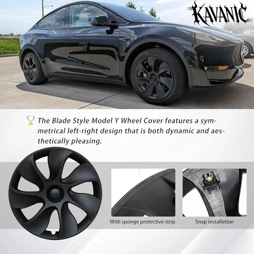 Vista 4 de KAVANIC 4 piezas de cubierta de rueda Compatible con Tesla Model Y 19 pulgadas 2020-2024 ABS tapacubos estilo cuchilla negro mate Compatible