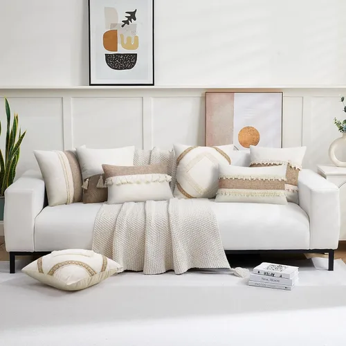 Vista 7 de Merrycolor Juego de 2 fundas de almohada lumbar de lino con retazos bohemios de 12 x 20 pulgadas, fundas de almohada de lino de arpillera de granja