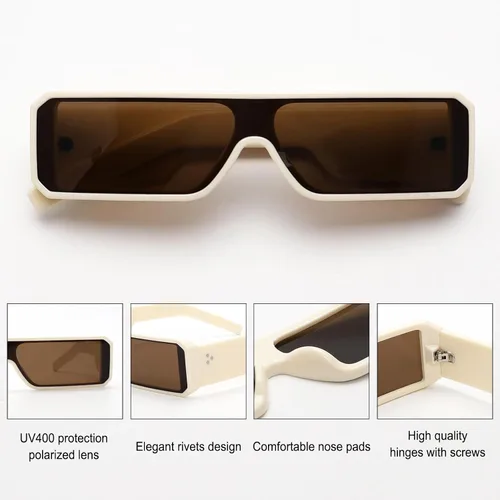 Vista 5 de TYA Gafas de sol pequeñas para mujeres y hombres, futuristas alienígenas, color negro, lentes de sol rectangulares con marco brillante de los años