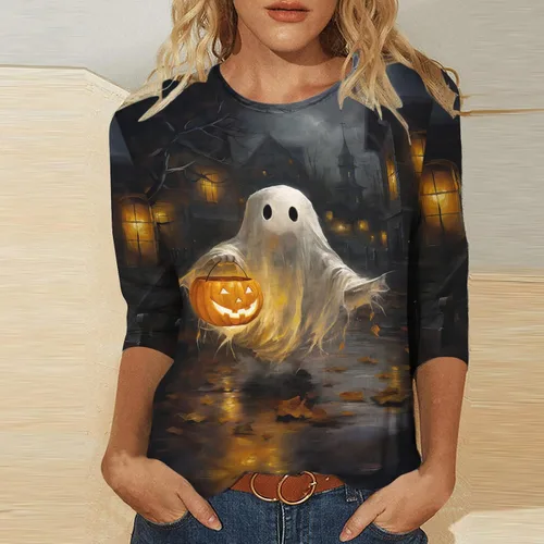 Vista 2 de Camisas de Halloween 2023 para mujer, camisetas casuales con gráficos de calabaza, camisetas de manga 34, blusa tipo túnica de cuello redondo