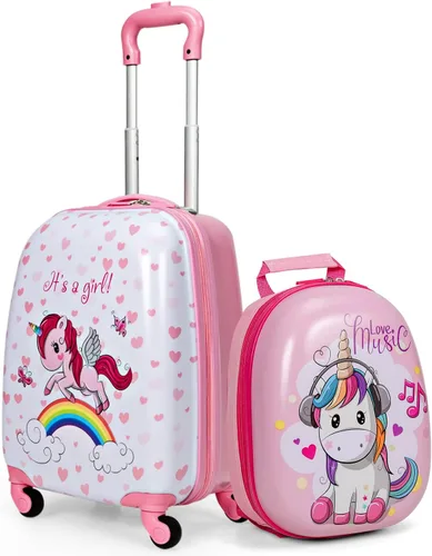 Vista 11 de GYMAX Juego de equipaje de mano para niños, maleta con ruedas de 12 y 16 pulgadas, 2 piezas Pony Corona