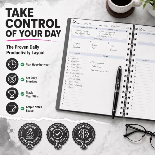 Vista 3 de Panda Planner Agenda diaria sin fecha 2026, 5.75 x 8.25 pulgadas, gris 90-Day Spiral Academic, Productivity Planner, Hourly Schedule, To-Do List