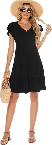 Vista 4 de Lyrur Vestidos de verano para mujer, para invitados de boda, con mangas con volantes, mini escalonados, estilo casual, playa, color negro, vestidos