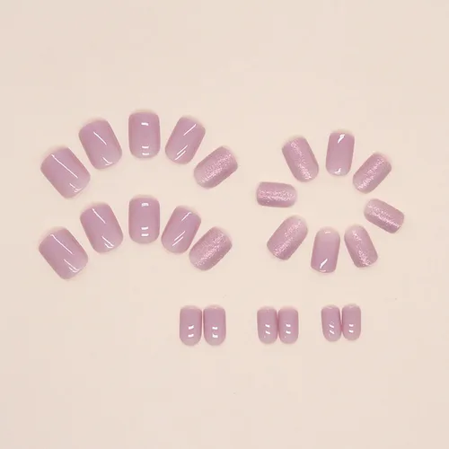 Vista 3 de Uñas postizas cuadradas cortas a presión, uñas postizas moradas de cobertura completa, uñas postizas brillantes con pegamento para uñas, uñas