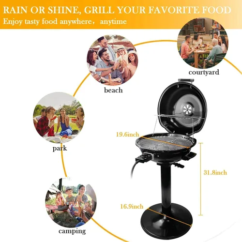 Vista 5 de Techwood - Parrilla eléctrica de 1600W para interiores y exteriores, parrilla eléctrica para barbacoa, parrilla portátil extraíble de pie, negra