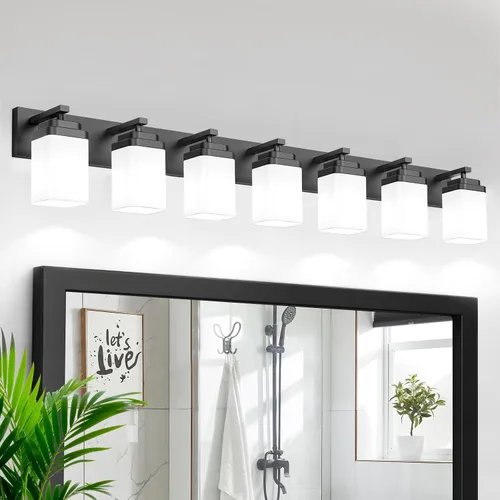 Vista 28 de Lámparas blancas para baño, 2 luces de baño, accesorios de iluminación sobre el espejo, diseño cuadrado y placa trasera grande rectangular
