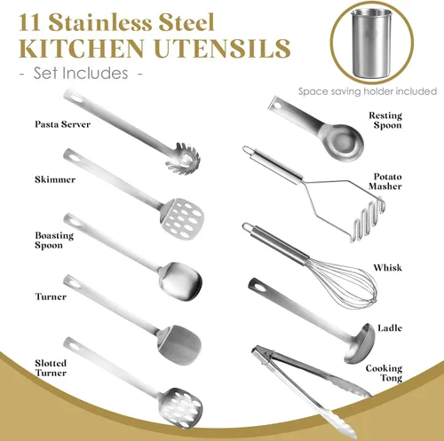 Vista 2 de Bartnelli Juego de utensilios de cocina de 11 piezas con soporte, utensilios de cocina antiadherentes de acero inoxidable con mango resistente al