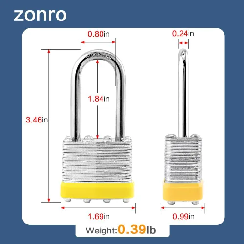 Vista 2 de ZonRo Candados de acero laminado con llave, cerraduras iguales con llave, 1-9/16 pulgadas de ancho, candados de grillete largo, paquete de 6, aro