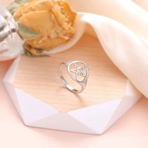 Vista 6 de Anillo de pentagrama y pentáculo de plata de ley S925 con amuleto de luna y bruja para mujeres y hombres