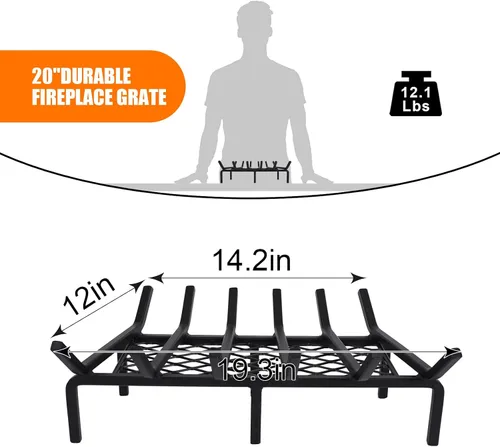 Vista 3 de Rejilla de chimenea de 20 pulgadas con retenedor de brasas, rejilla de troncos de chimenea de hierro fundido, soporte para troncos de chimenea