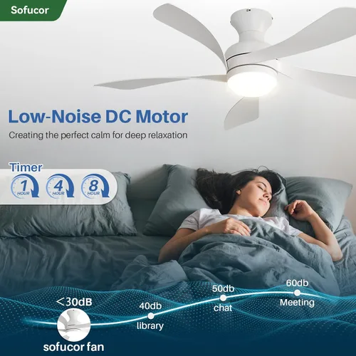 Vista 7 de Sofucor Ventilador de techo inteligente de perfil bajo de 52 pulgadas con luces y control remoto, ventilador de techo empotrado funciona con Blanco