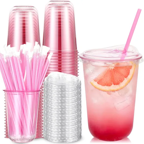 Vista 17 de Ziliny Paquete de 25 vasos de plástico transparente de 12 onzas con tapas para sorbos y pajitas, tazas desechables para café helado de cristal