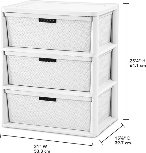 Vista 3 de Amplia unidad de almacenamiento de 3 cajones, fácil montaje, sin herramientas, cajones decorativos extraíbles de plástico de tejido cruzado