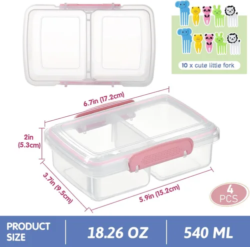 Vista 18 de Paquete de 4 recipientes de plástico para aperitivos con tapas, contenedor de alimentos de 2 compartimentos para caja de aperitivos para niños