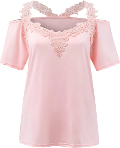 Vista 4 de Blusa de manga corta con cuello en V y hombros descubiertos para mujer, estilo casual, holgada, con hombros descubiertos, Negro