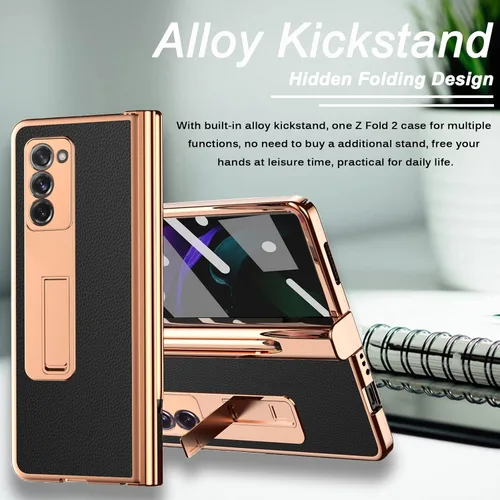 Vista 4 de Miimall Funda compatible con Samsung Galaxy Z Fold 2 con soporte para S Pen y S Pen + cubierta de pantalla + soporte + patrón de cuero chapado todo