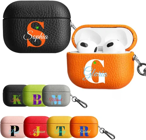 Vista 16 de Funda personalizada con nombre para AirPods Pro, añade tus propias iniciales personalizadas, monograma, funda de lujo de cuero vegano para Air Pods