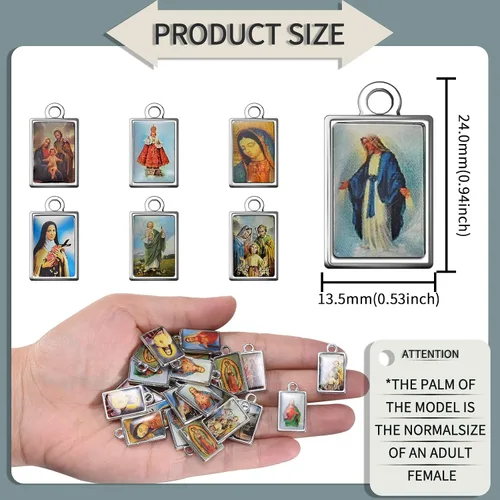 Vista 2 de 50 dijes rectangulares de doble cara esmaltados de Jesús con medalla milagrosa de la Virgen María, centro de rosario, cruz y cruz de maría, colgante