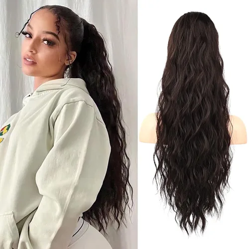 Vista 39 de FLUFYMOOZ Extensión de cola de caballo de 22 pulgadas, extensiones de cabello sintético ondulado largo y rizado para mujer