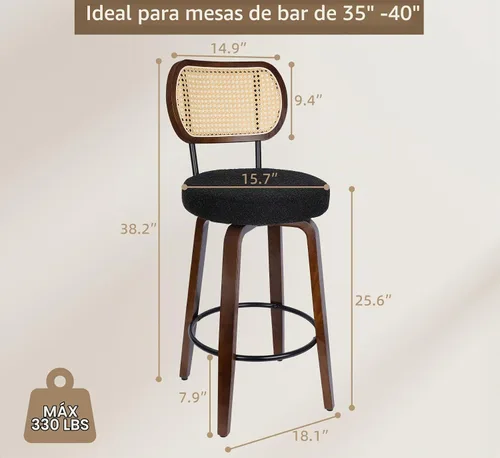Vista 3 de Juego de 2 taburetes de bar de ratán, taburetes de bar giratorios de altura de mostrador con respaldo, sillas de cocina tapizadas de granja con Negro