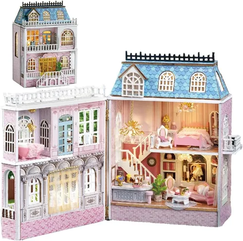 Vista 11 de Kit de Muebles de Casa de Muñecas de Madera en Miniatura DIY, Mini Casa de Muñecas Hecha a Mano con LED, Escala 1:24, Juguetes de Artesanías