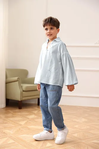 Vista 2 de Camisa medieval de pirata para niños vikinga, renacentista, con cordones, mercenario, Halloween, jacobita escocés, Ghillie, tops