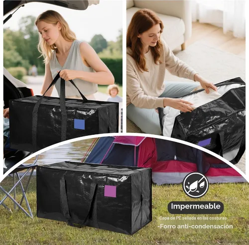 Vista 8 de Paquete de 6 bolsas de mudanza con cremallera lateral completamente abierta, extra grandes de 93 L, resistentes al agua, plegables para Negro