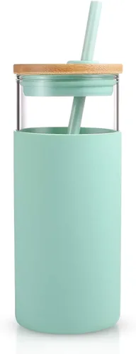 Vista 23 de Tronco Vaso de vidrio de 20 onzas con tapa y popote, taza de café helado y vaso para batido con tapas de bambú y funda protectora de silicona, apto