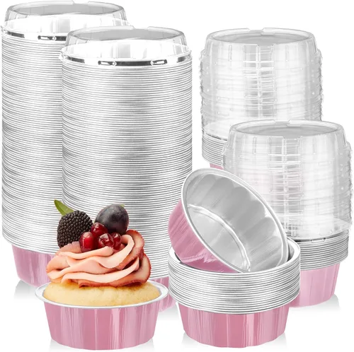 Vista 13 de Tessco for you 200 moldes desechables con tapas, 8 onzas, Ramekin Creme Brulee Ramekin, papel de aluminio, para cupcakes, para hornear, San plateado