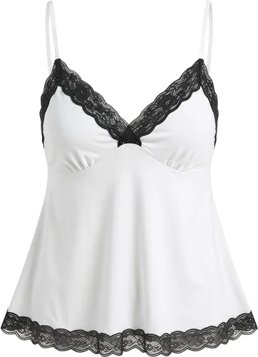 Vista 13 de SOLY HUX Tops tipo babydoll a rayas con encaje Y2K para mujer Negro (Black Polka Dots)