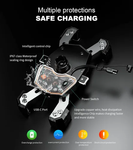Vista 7 de Kewig Soporte de teléfono para motocicleta Qi 15W inalámbrico y USB C 20W