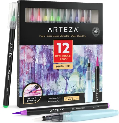 Vista 8 de ARTEZA Bolígrafos de pincel real, juego de 12, tonos brillantes, marcadores de acuarela mezclables y 1 cepillo de agua, suministros de arte