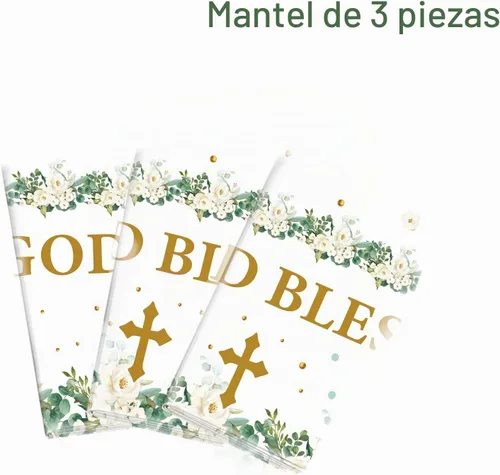 Vista 3 de Makarios Mantel de bautismo, Dios bendiga, cruz, mantel de primera comunión (verde)