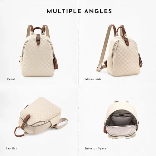 Vista 6 de Mochila pequeña para mujer, bonita mochila a cuadros de piel sintética para mujer, mochila ligera para el hombro, escuela y viajes, Negro